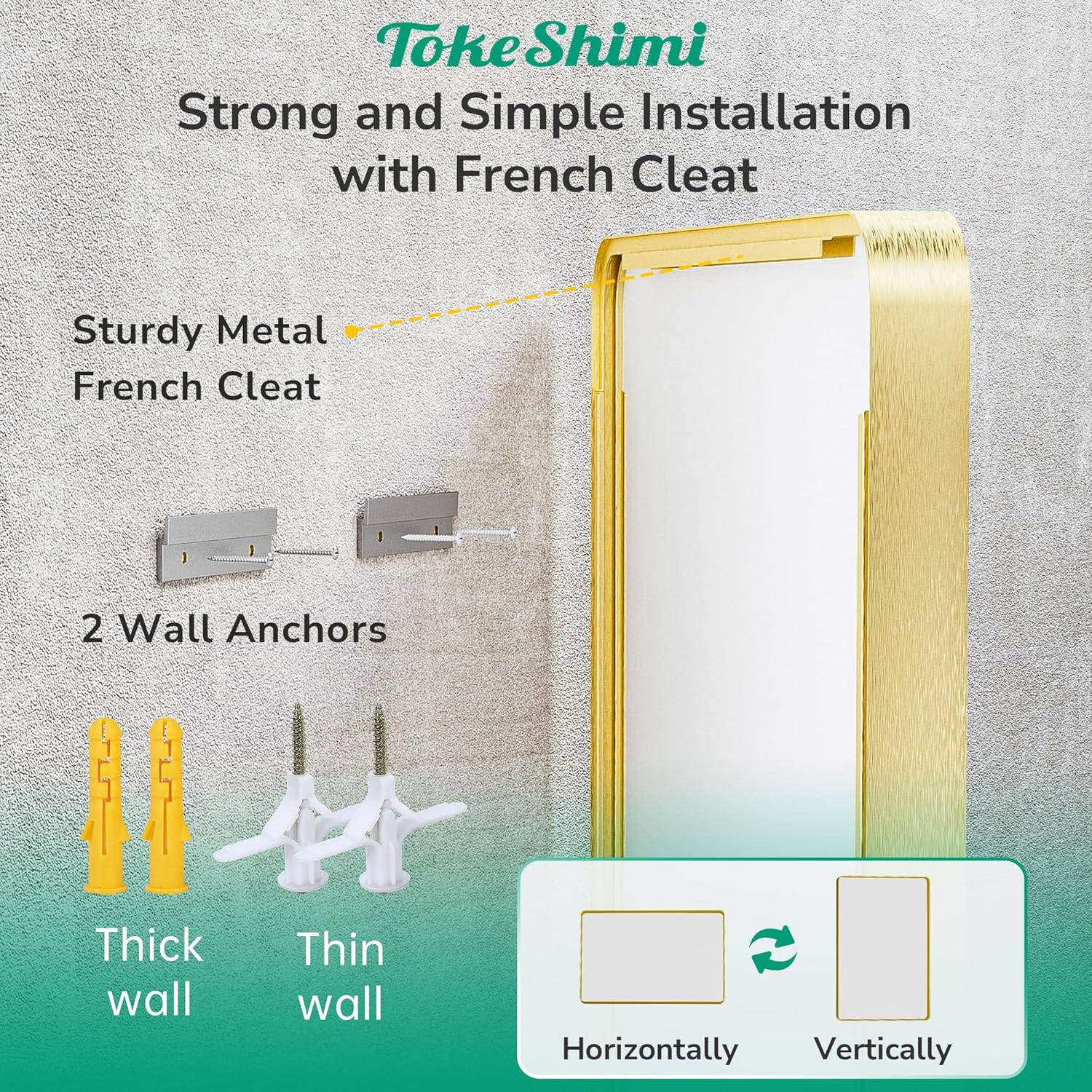 TokeShimi 16x20 Brushed Gold Bathroom Mirror,Vanity Mirror Bathroom Wall with Tempered Glass,Modern Metal Framed Mirror with Aluminum Frame(Horizontal/Vertical)